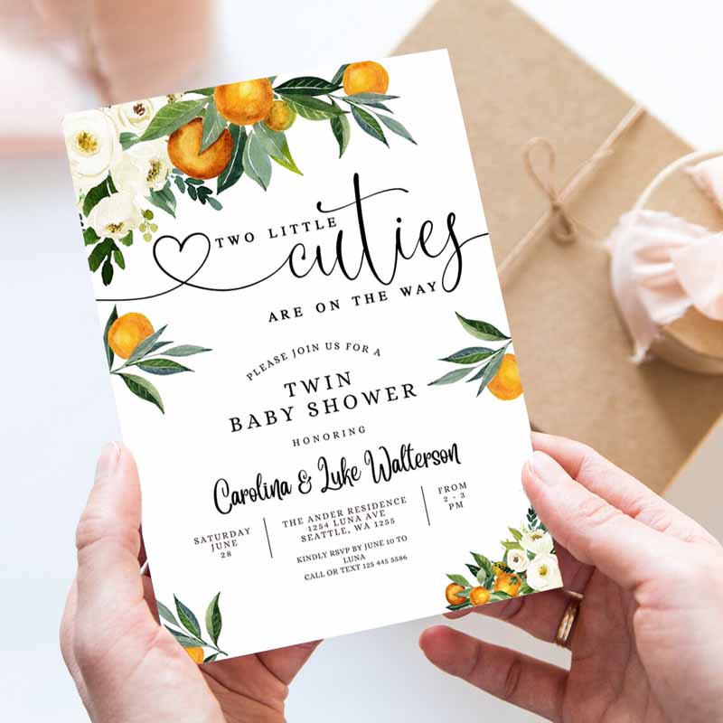 TWINS Two Little Cuties are one Way Greenery Orange Gender Neutral Baby Shower Invitation