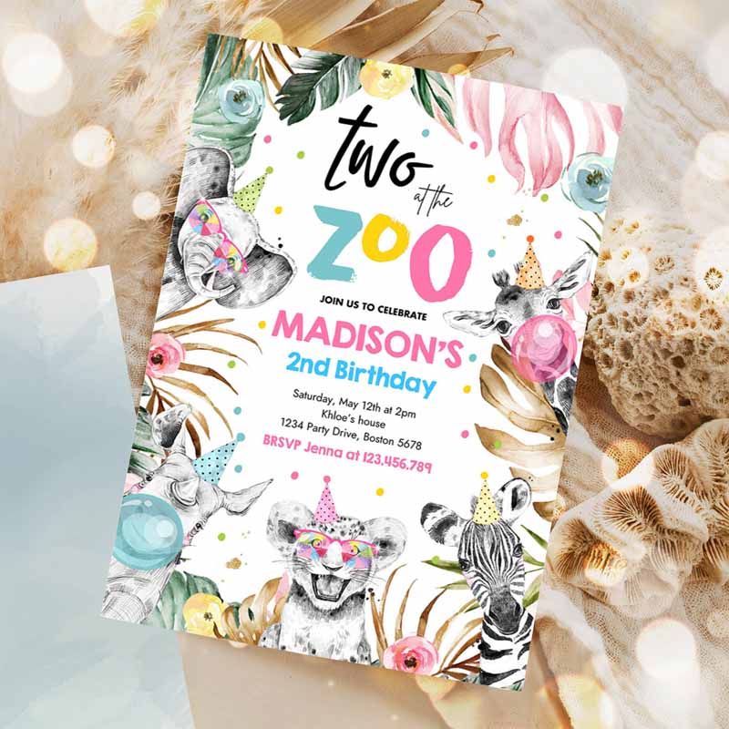 Two Ate Zoo Kids Birthday Invitation, Safari Animals Invite Jungle Safari Animal Kids Birthday Party