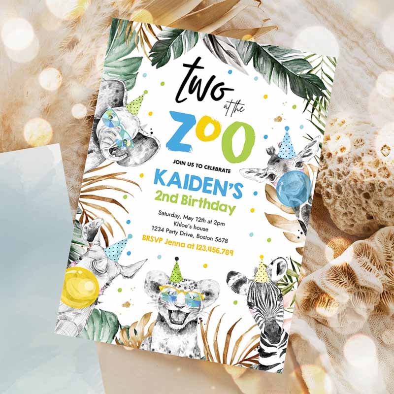 Two Ate Zoo Kids Birthday Invitation, Safari Animals Invite Jungle Safari Animal Kids Birthday