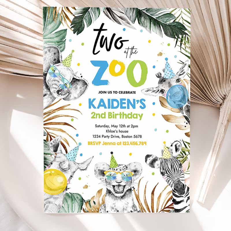 Two Ate Zoo Kids Birthday Invitation, Safari Animals Invite Jungle Safari Animal Kids Birthday