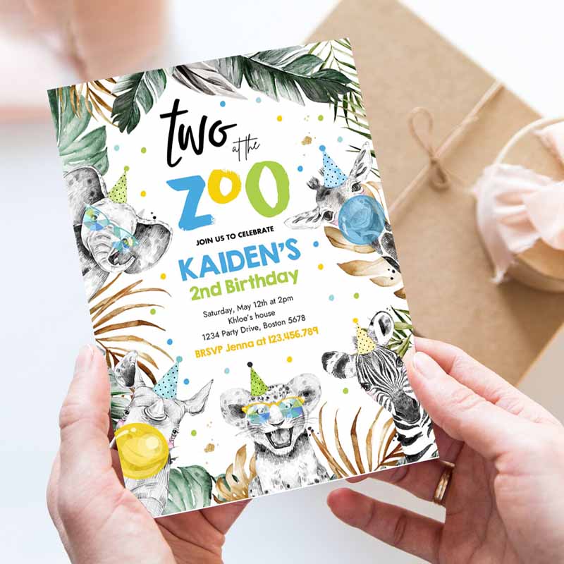 Two Ate Zoo Kids Birthday Invitation, Safari Animals Invite Jungle Safari Animal Kids Birthday