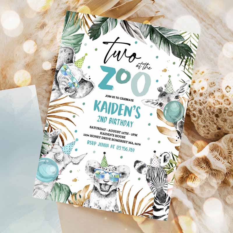 Two Ate Zoo Kids Birthday Invitation, Safari Animals Invite Jungle Safari Animal Kids Birthday Party, Monochrome Invitation