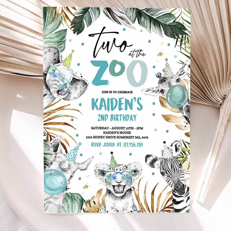 Two Ate Zoo Kids Birthday Invitation, Safari Animals Invite Jungle Safari Animal Kids Birthday Party, Monochrome