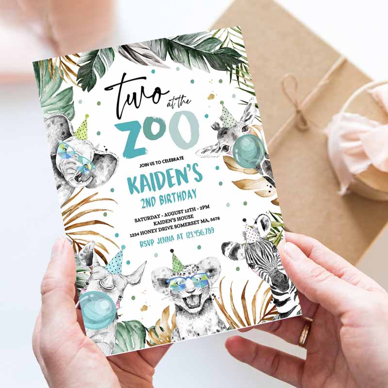 Two Ate Zoo Kids Birthday Invitation, Safari Animals Invite Jungle Safari Animal Kids Birthday Party, Monochrome