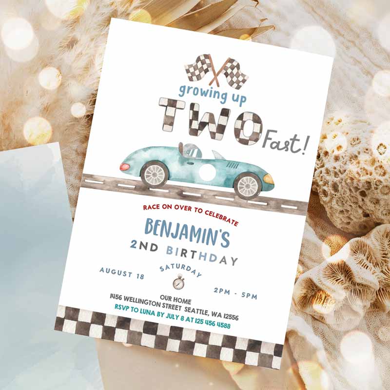 TWO Fast Kids Birthday Invitation, Race Car Kids Birthday Invitation, Car Race Kids Birthday Party