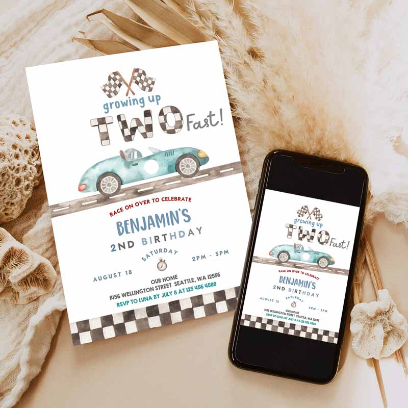 TWO Fast Kids Birthday Invitation, Race Car Kids Birthday Invitation, Car Race Kids Birthday Party