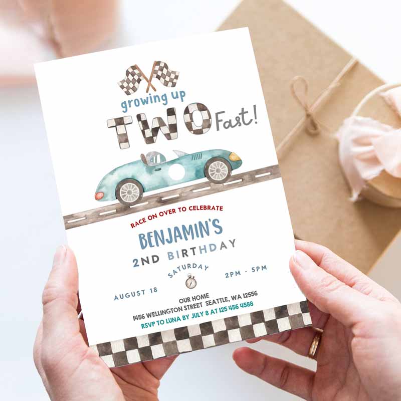 TWO Fast Kids Birthday Invitation, Race Car Kids Birthday Invitation, Car Race Kids Birthday Party