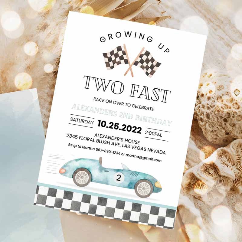 TWO Fast Kids Birthday Invitation, Race Car Kids Birthday, Invite Racing Car Vintage Racecar Invitation