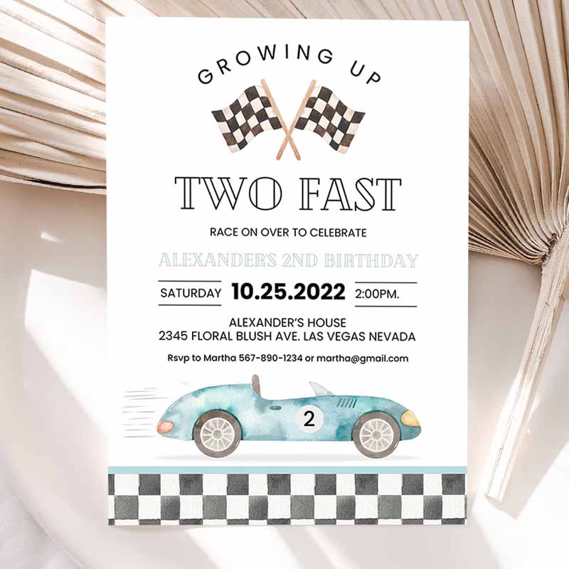 TWO Fast Kids Birthday Invitation, Race Car Kids Birthday, Invite Racing Car Vintage Racecar