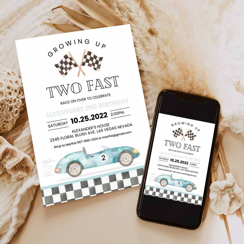 TWO Fast Kids Birthday Invitation, Race Car Kids Birthday, Invite Racing Car Vintage Racecar