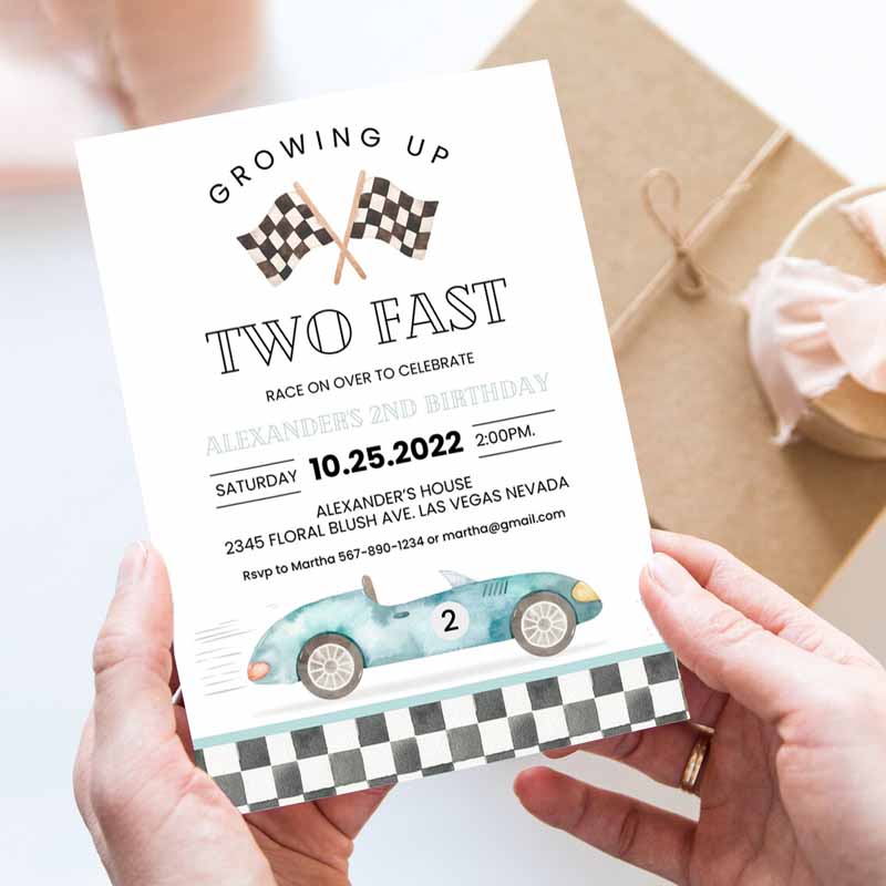 TWO Fast Kids Birthday Invitation, Race Car Kids Birthday, Invite Racing Car Vintage Racecar