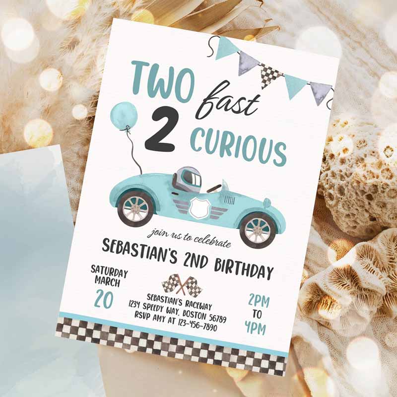 Two Fast Kids Birthday Invitation, Two Fast Boy Race Car Kids Birthday Party, Invite Two Fast Curious Race Car Invitation