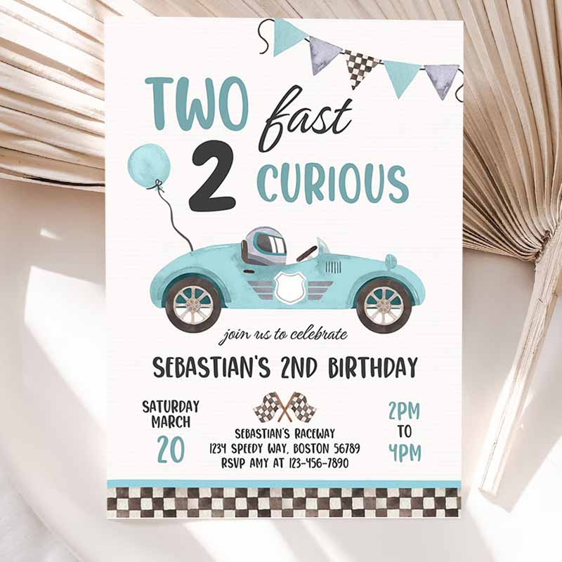 Two Fast Kids Birthday Invitation, Two Fast Boy Race Car Kids Birthday Party, Invite Two Fast Curious Race Car Invitation