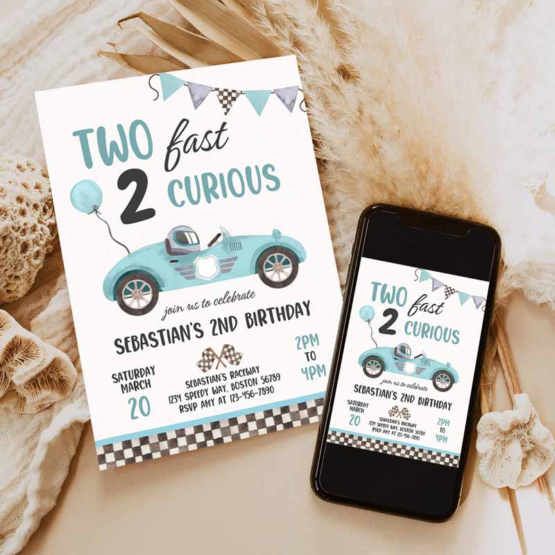 Two Fast Kids Birthday Invitation, Two Fast Boy Race Car Kids Birthday Party, Invite Two Fast Curious Race Car Invitation