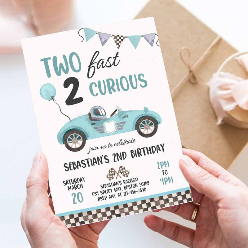 Two Fast Kids Birthday Invitation, Two Fast Boy Race Car Kids Birthday Party, Invite Two Fast Curious Race Car Invitation