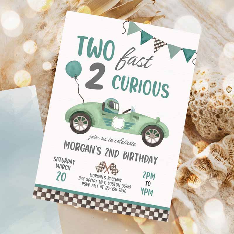 Two Fast Kids Birthday Invitation, Two Fast Boy Race Car Kids Birthday Party, Invite Two Fast Curious Race Car Party Invitation