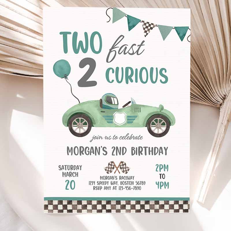 Two Fast Kids Birthday Invitation, Two Fast Boy Race Car Kids Birthday Party, Invite Two Fast Curious Race Car Party