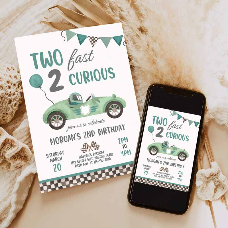 Two Fast Kids Birthday Invitation, Two Fast Boy Race Car Kids Birthday Party, Invite Two Fast Curious Race Car Party