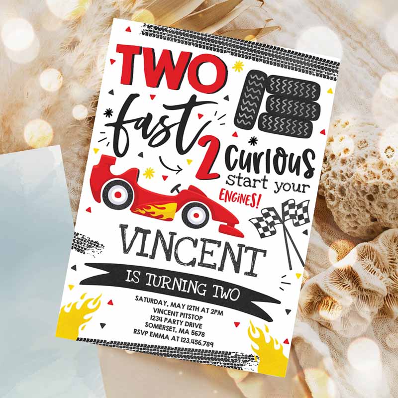 Two Fast Kids Birthday Invitation, Two Fast Boy Race Car Kids Birthday Party, Invite Two Fast Curious Race Car Party Invitation