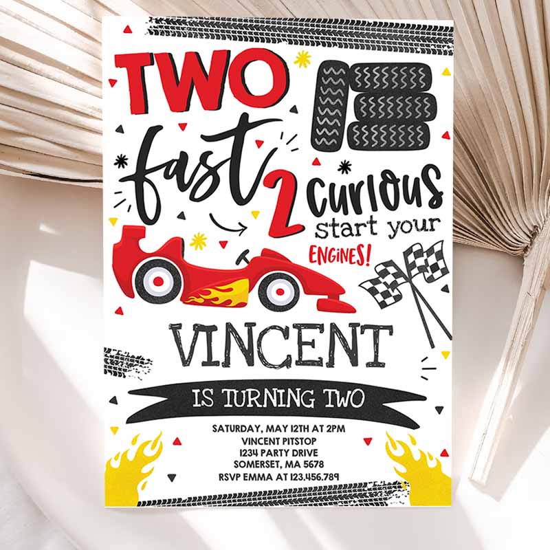 Two Fast Kids Birthday Invitation, Two Fast Boy Race Car Kids Birthday Party, Invite Two Fast Curious Race Car Party Invitation