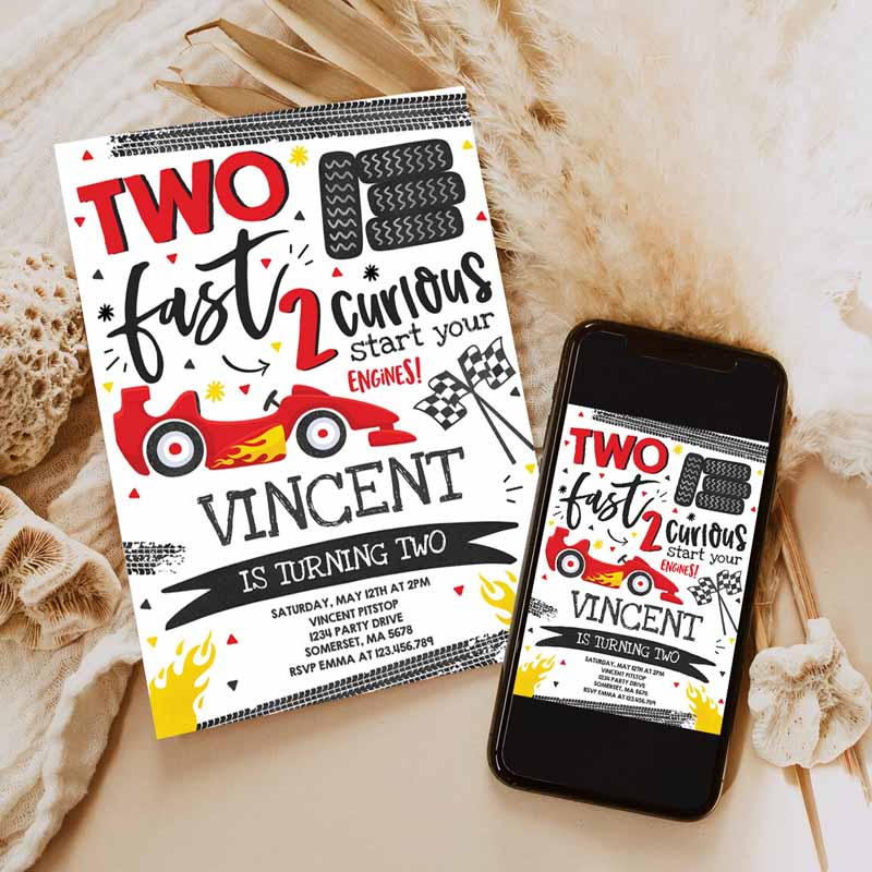 Two Fast Kids Birthday Invitation, Two Fast Boy Race Car Kids Birthday Party, Invite Two Fast Curious Race Car Party Invitation