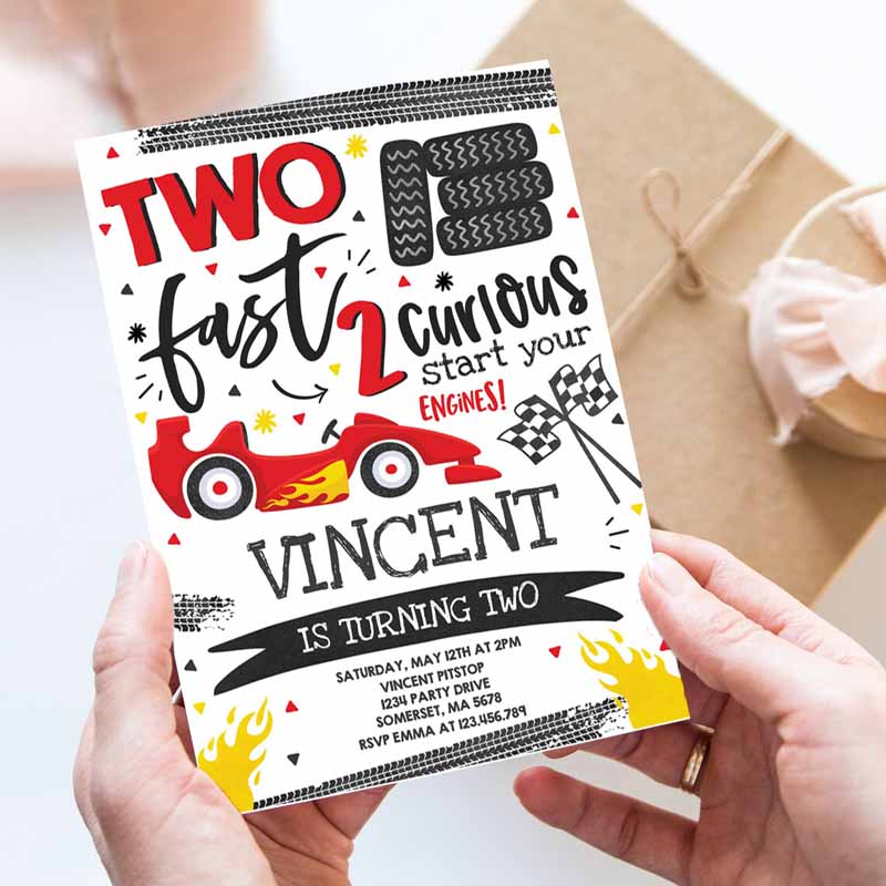 Two Fast Kids Birthday Invitation, Two Fast Boy Race Car Kids Birthday Party, Invite Two Fast Curious Race Car Party Invitation