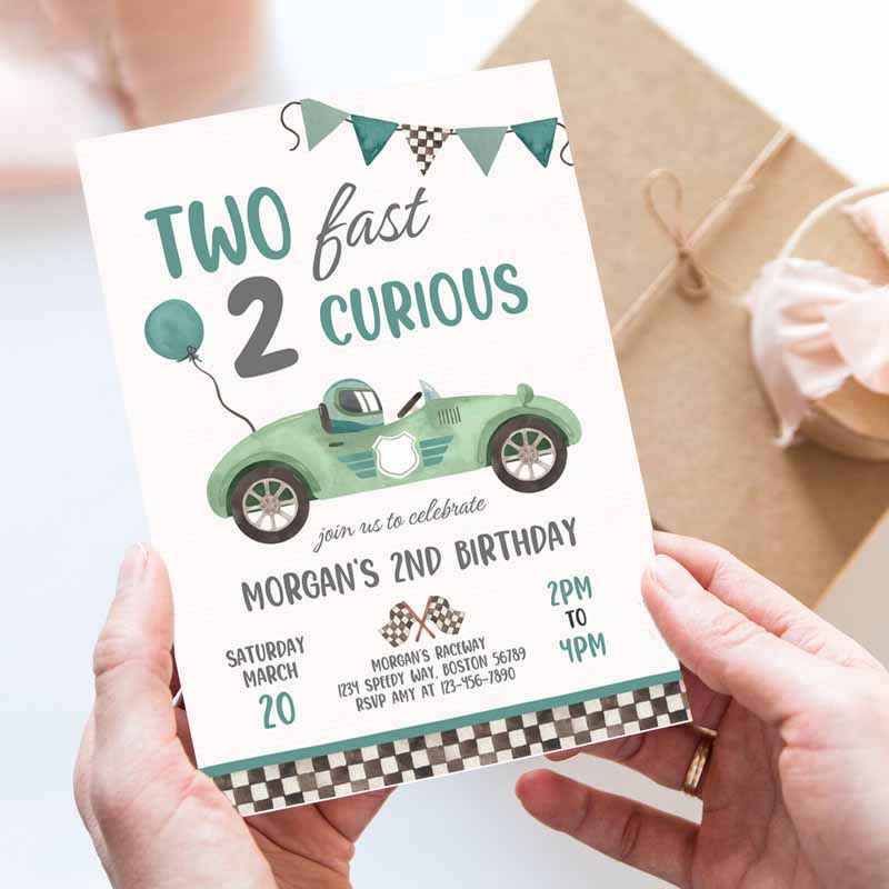 Two Fast Kids Birthday Invitation, Two Fast Boy Race Car Kids Birthday Party, Invite Two Fast Curious Race Car Party