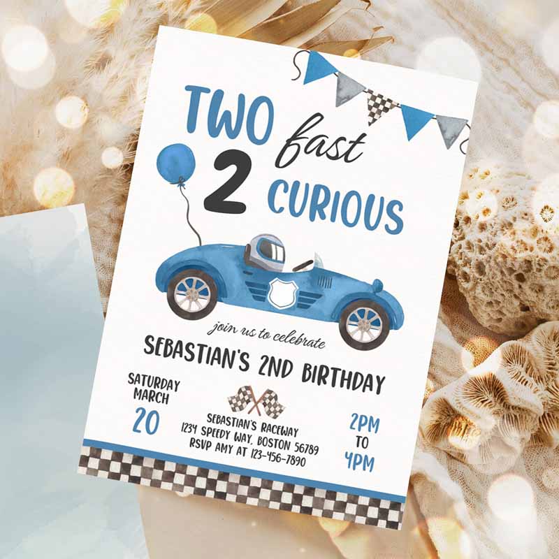 Two Fast Kids Birthday Invitation, Two Fast Boy Race Car Kids Birthday Party, Two Fast Curious Race Car Party