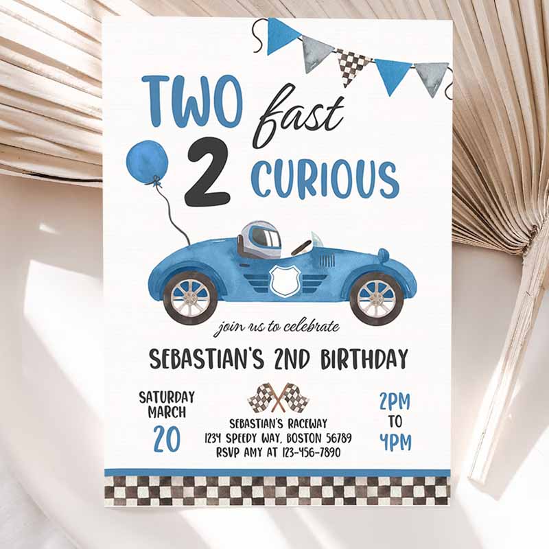 Two Fast Kids Birthday Invitation, Two Fast Boy Race Car Kids Birthday Party, Two Fast Curious Race Car Party