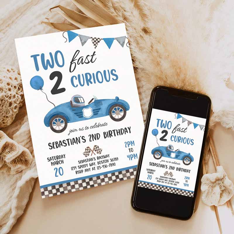 Two Fast Kids Birthday Invitation, Two Fast Boy Race Car Kids Birthday Party, Two Fast Curious Race Car Party