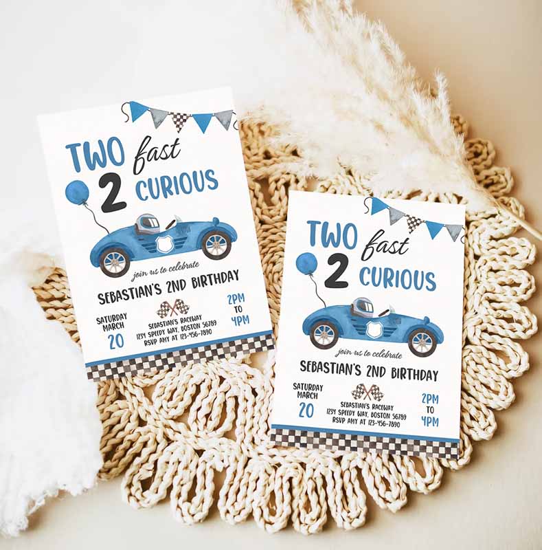 Two Fast Kids Birthday Invitation, Two Fast Boy Race Car Kids Birthday Party, Two Fast Curious Race Car Party