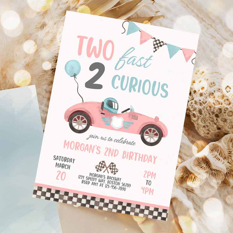 Two Fast Kids Birthday Invitation, Two Fast Girl Pink Race Car Kids Birthday Party, Two Fast Curious Race Car Party