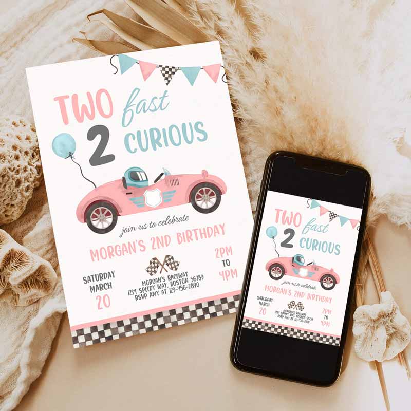 Two Fast Kids Birthday Invitation, Two Fast Girl Pink Race Car Kids Birthday Party, Two Fast Curious Race Car Party