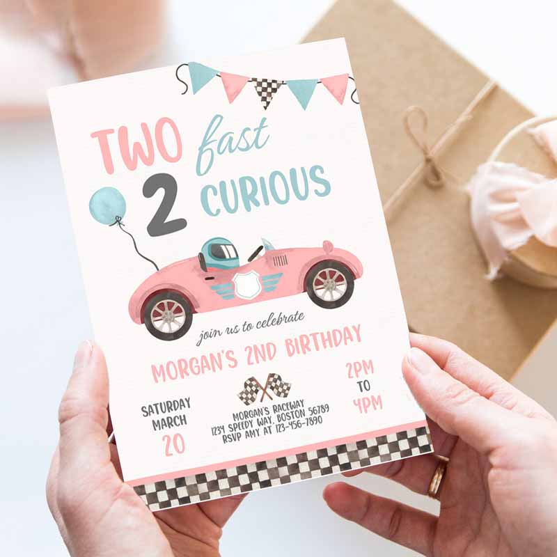 Two Fast Kids Birthday Invitation, Two Fast Girl Pink Race Car Kids Birthday Party, Two Fast Curious Race Car Party