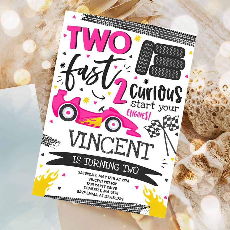 Two Fast Kids Birthday Invitation, Two Fast Race Car Kids Birthday Party, Invite Two Fast Curious Pink Race Car Party