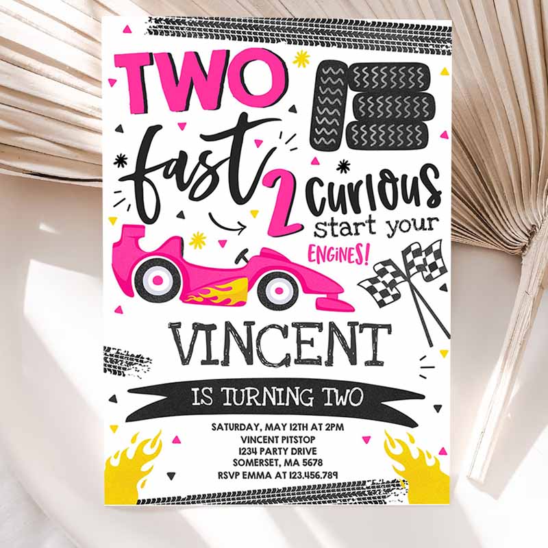 Two Fast Kids Birthday Invitation, Two Fast Race Car Kids Birthday Party, Invite Two Fast Curious Pink Race Car Party