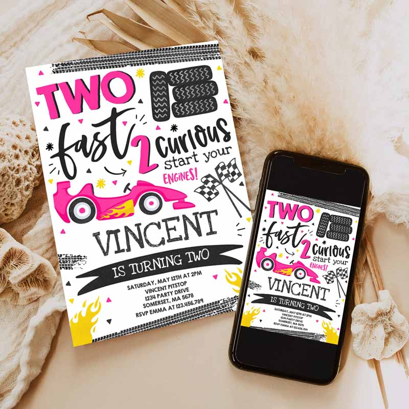 Two Fast Kids Birthday Invitation, Two Fast Race Car Kids Birthday Party, Invite Two Fast Curious Pink Race Car Party