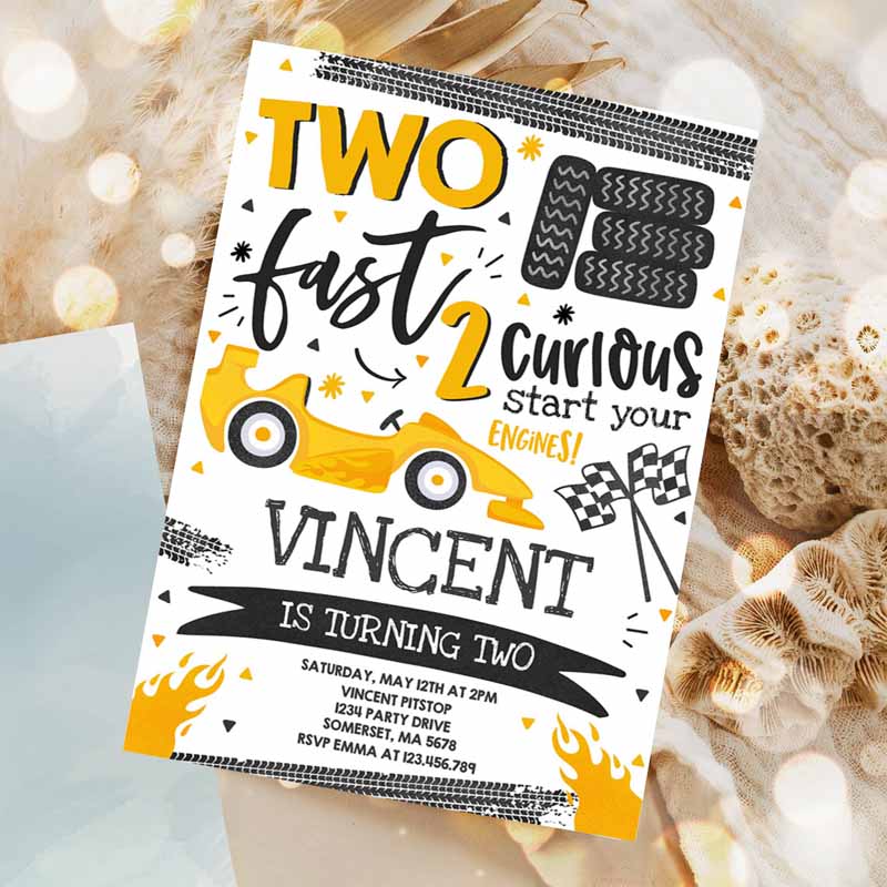 Two Fast Kids Birthday Invitation, Two Fast Race Car Kids Birthday Party, Invite Two Fast Curious Yellow Car Party Invitation