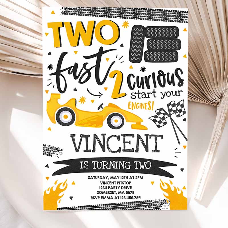 Two Fast Kids Birthday Invitation, Two Fast Race Car Kids Birthday Party, Invite Two Fast Curious Yellow Car Party