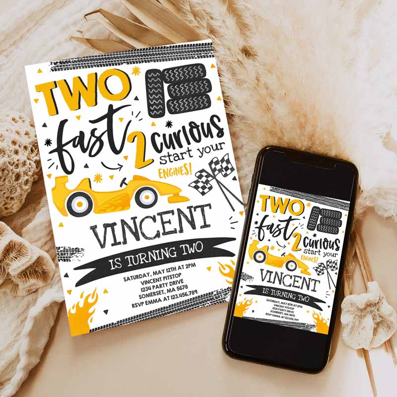 Two Fast Kids Birthday Invitation, Two Fast Race Car Kids Birthday Party, Invite Two Fast Curious Yellow Car Party