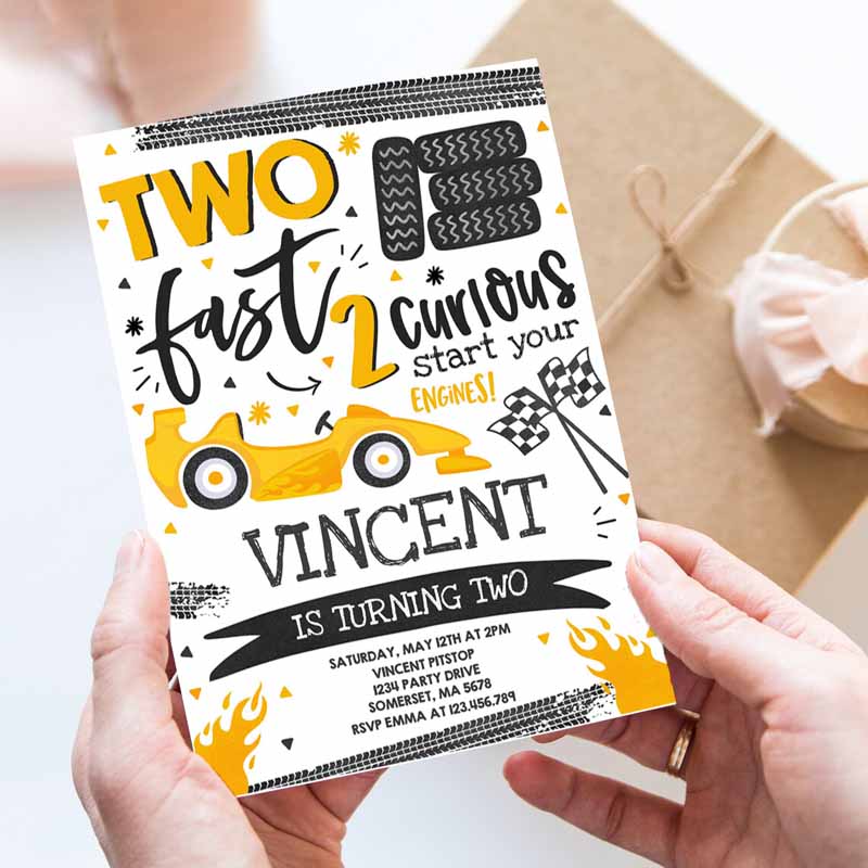 Two Fast Kids Birthday Invitation, Two Fast Race Car Kids Birthday Party, Invite Two Fast Curious Yellow Car Party