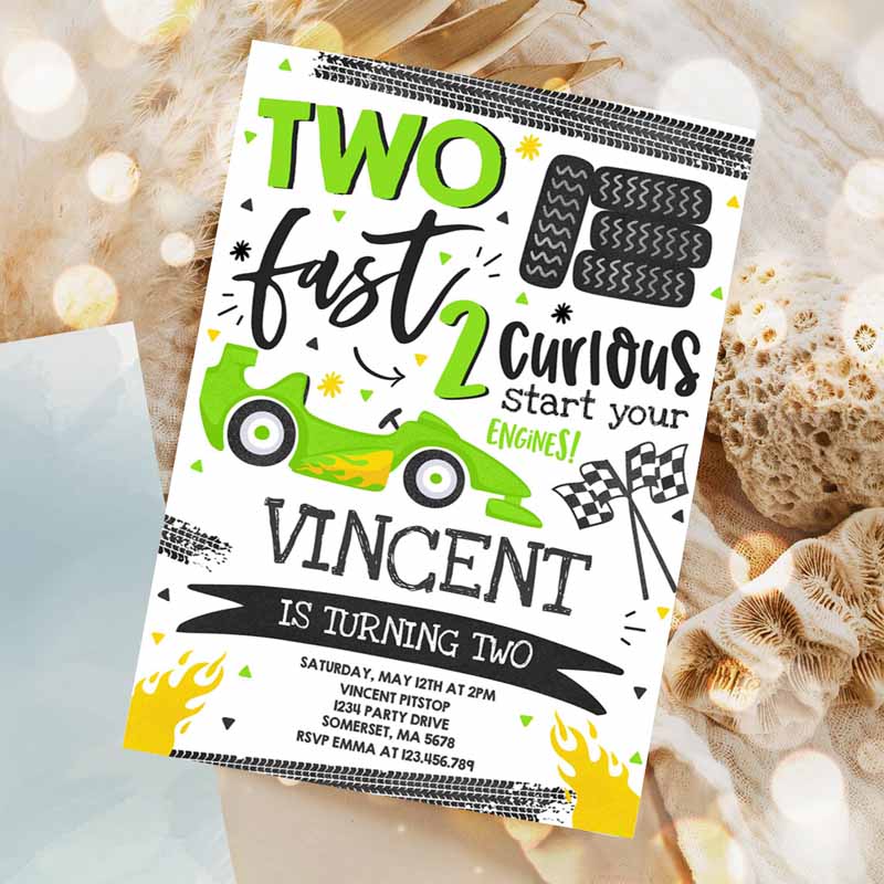 Two Fast Kids Birthday Invitation, Two Fast Race Car Kids Birthday Party, Two Fast Curious Green Race Car Party