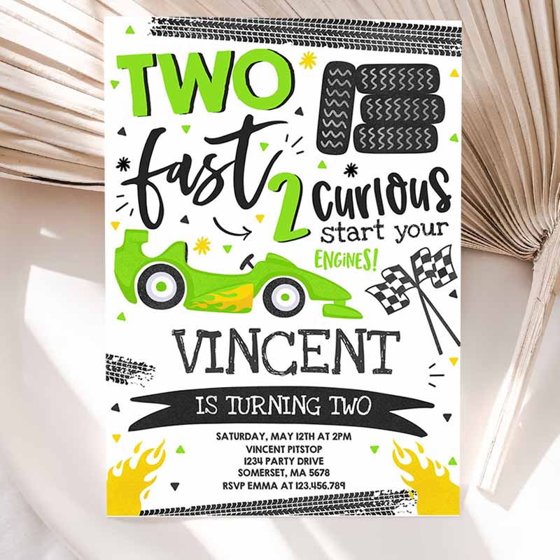 Two Fast Kids Birthday Invitation, Two Fast Race Car Kids Birthday Party, Two Fast Curious Green Race Car Party