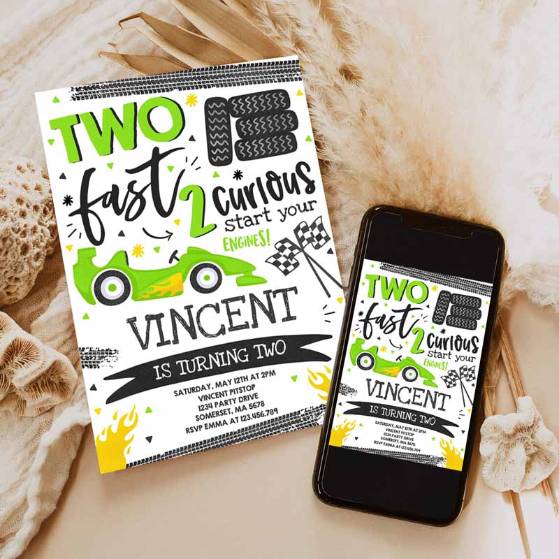 Two Fast Kids Birthday Invitation, Two Fast Race Car Kids Birthday Party, Two Fast Curious Green Race Car Party