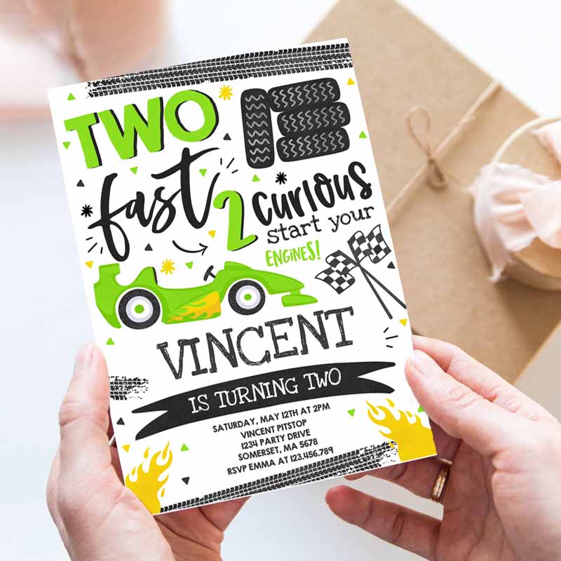 Two Fast Kids Birthday Invitation, Two Fast Race Car Kids Birthday Party, Two Fast Curious Green Race Car Party