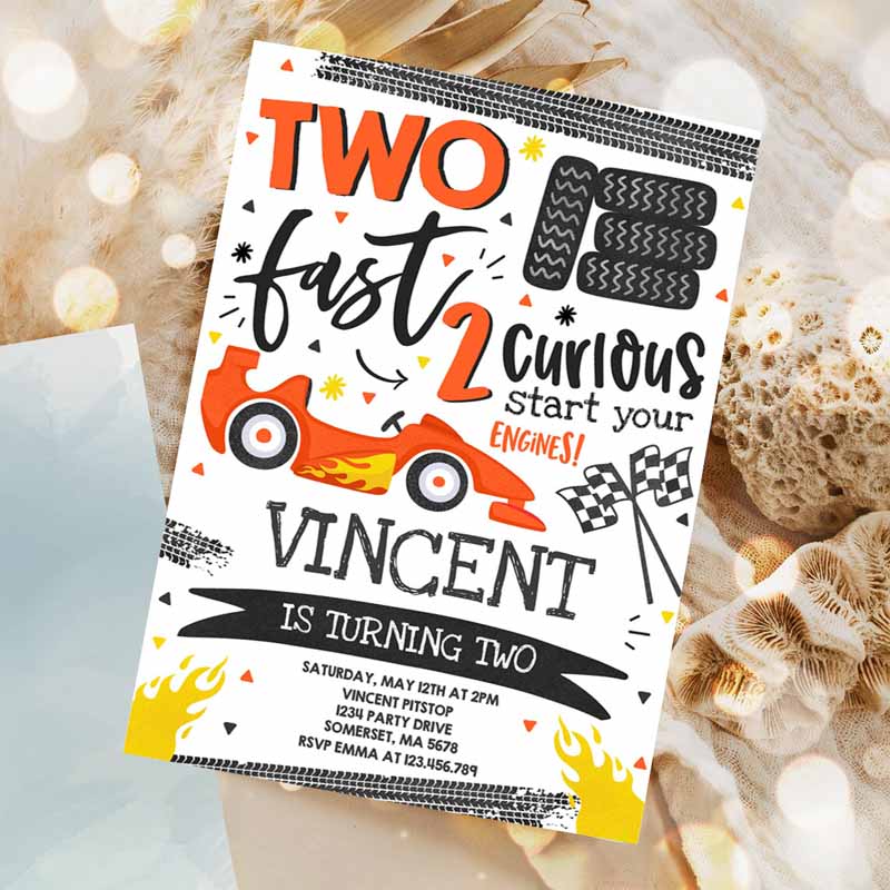 Two Fast Kids Birthday Invitation, Two Fast Race Car Kids Birthday Party, Two Fast Curious Orange Race Car Party