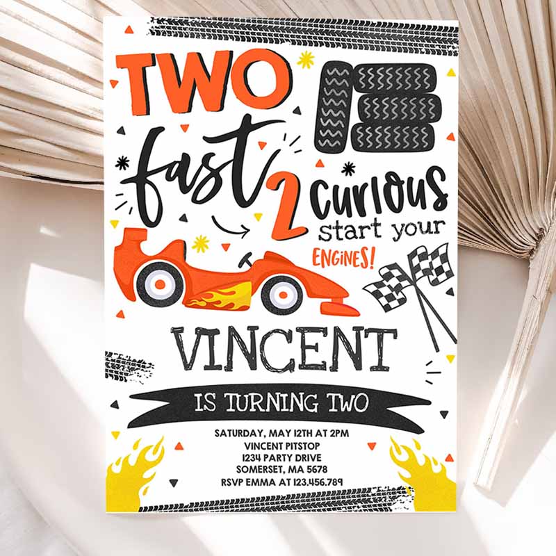 Two Fast Kids Birthday Invitation, Two Fast Race Car Kids Birthday Party, Two Fast Curious Orange Race Car Party