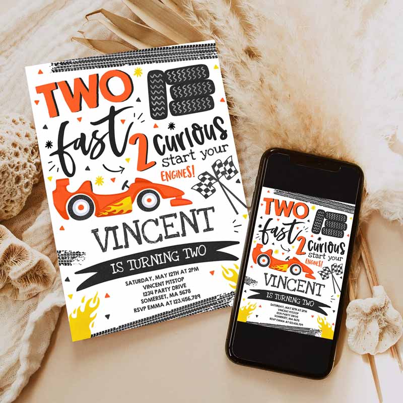 Two Fast Kids Birthday Invitation, Two Fast Race Car Kids Birthday Party, Two Fast Curious Orange Race Car Party