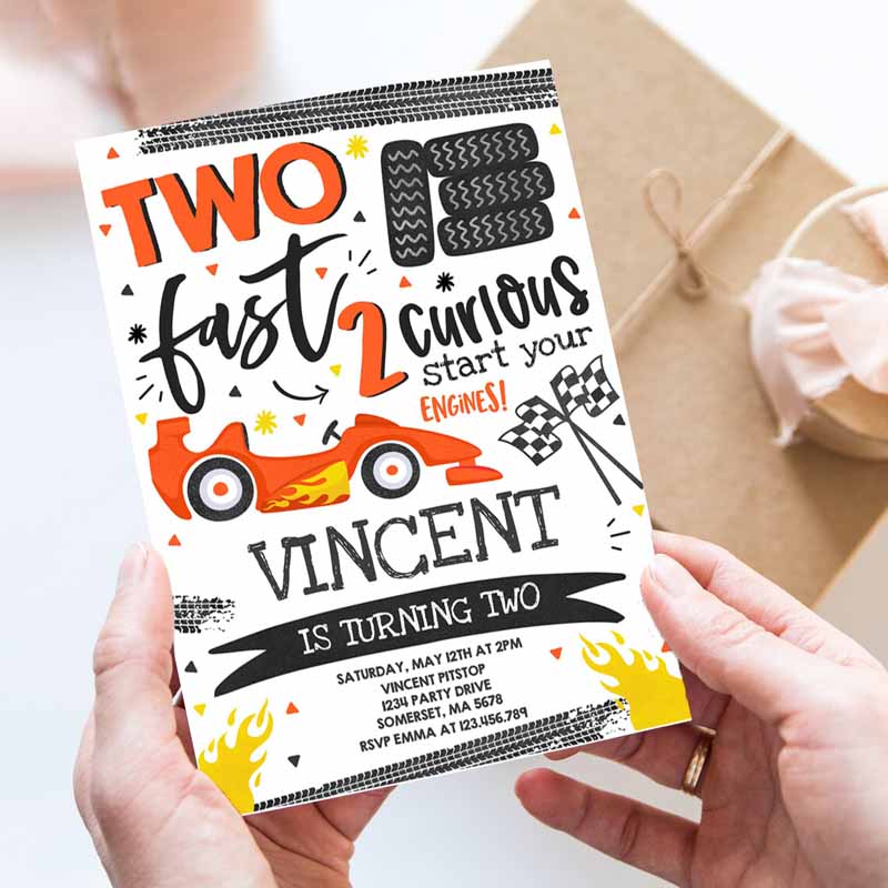 Two Fast Kids Birthday Invitation, Two Fast Race Car Kids Birthday Party, Two Fast Curious Orange Race Car Party