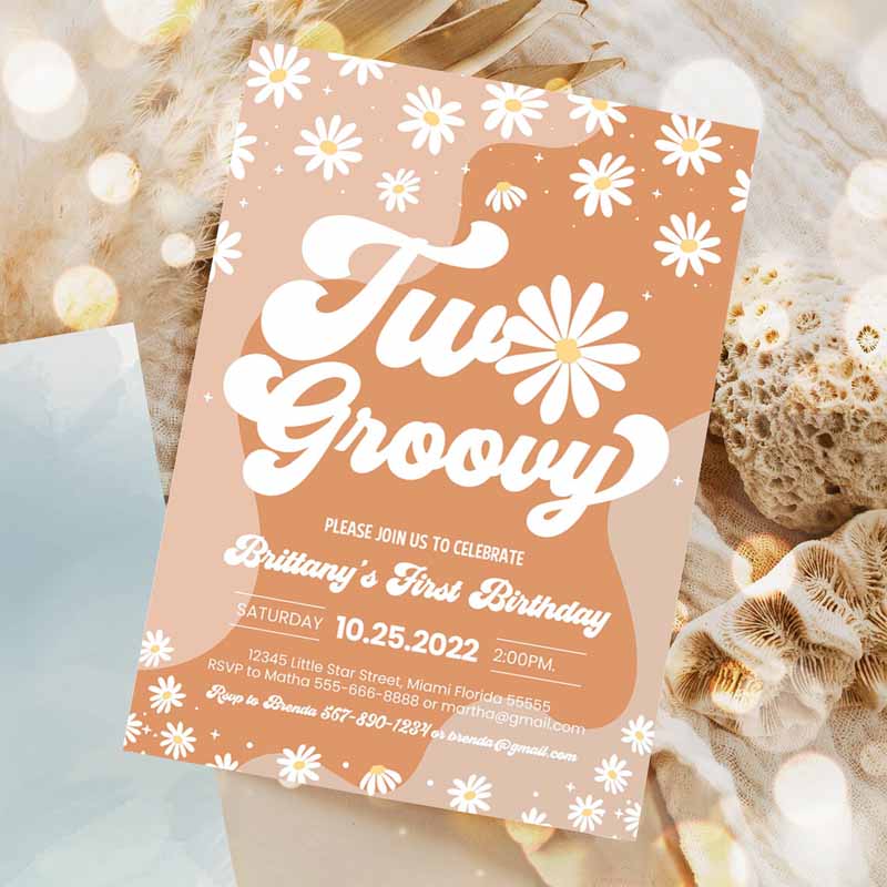 Two Groovy Kids Birthday, Boho Retro Groovy Hippie Floral 's Kids Birthday Party, Daisy Hippie Party Invitation